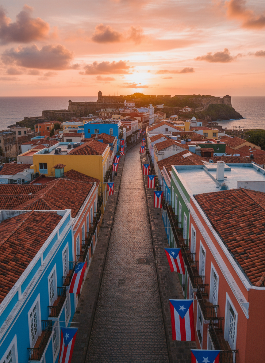 Una vista aérea fotográfica y realista del Viejo San Juan al atardecer, con calles de adoquines mojados reflejando tonos dorados y edificios coloniales de colores vivos sin mostrar personas. En primer plano, banderas de Puerto Rico ondean atadas a balcones de hierro forjado, mientras nubes suaves se tiñen de naranja y rosa. La luz cálida del sol poniente crea sombras largas y definidas sobre los techos y las murallas del fuerte al fondo. Composición amplia y nítida, capturada con lente gran angular, mostrando el mar tranquilo a un lado. La atmósfera es informativa y profesional, transmitiendo actualidad y orgullo nacional, con un estilo fotográfico limpio y moderno ideal para un medio digital de noticias puertorriqueñas.