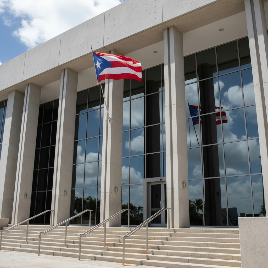 La fachada moderna de un edificio gubernamental de Puerto Rico, capturada en fotografía realista, con columnas de cemento claro y superficies de vidrio reflectante que muestran el cielo parcialmente nublado. Sobre la entrada principal ondea una gran bandera puertorriqueña, mientras barandas metálicas y escalones amplios conducen a la puerta sin incluir personas. Luz de mediodía ligeramente difusa crea un contraste nítido entre las zonas iluminadas y las sombras debajo del pórtico. La toma es en ángulo ligeramente bajo para enfatizar institucionalidad y seriedad, con composición en regla de tercios. La atmósfera visual es sobria, cívica y formal, ideal para ilustrar noticias de política y gobierno en el país.